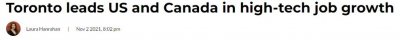 多伦多高科技行业就业增幅领先美国!排名第一!