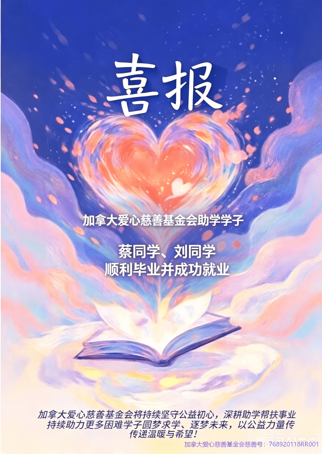 加拿大爱心慈善基金会两名受助学子顺利毕业成功就业